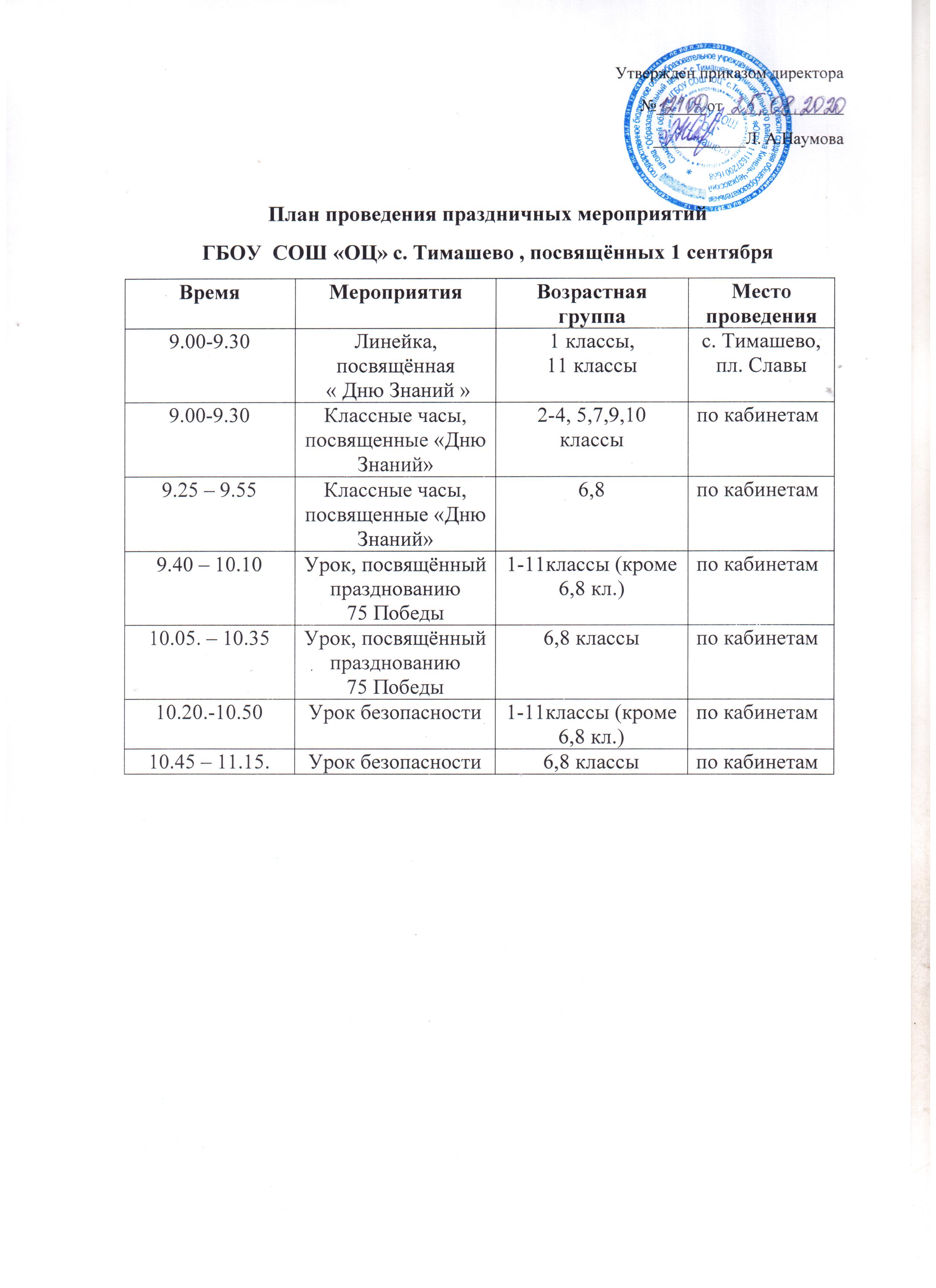 план мероприятий на 1 сентября